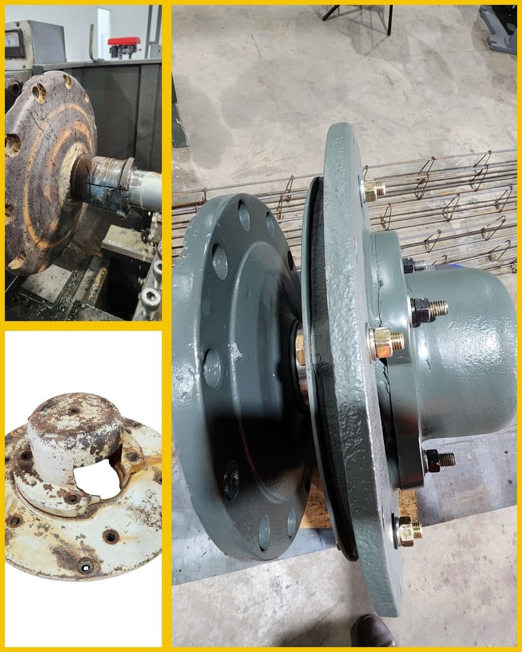Corroded drive component beside a painted flanged coupling assembly
