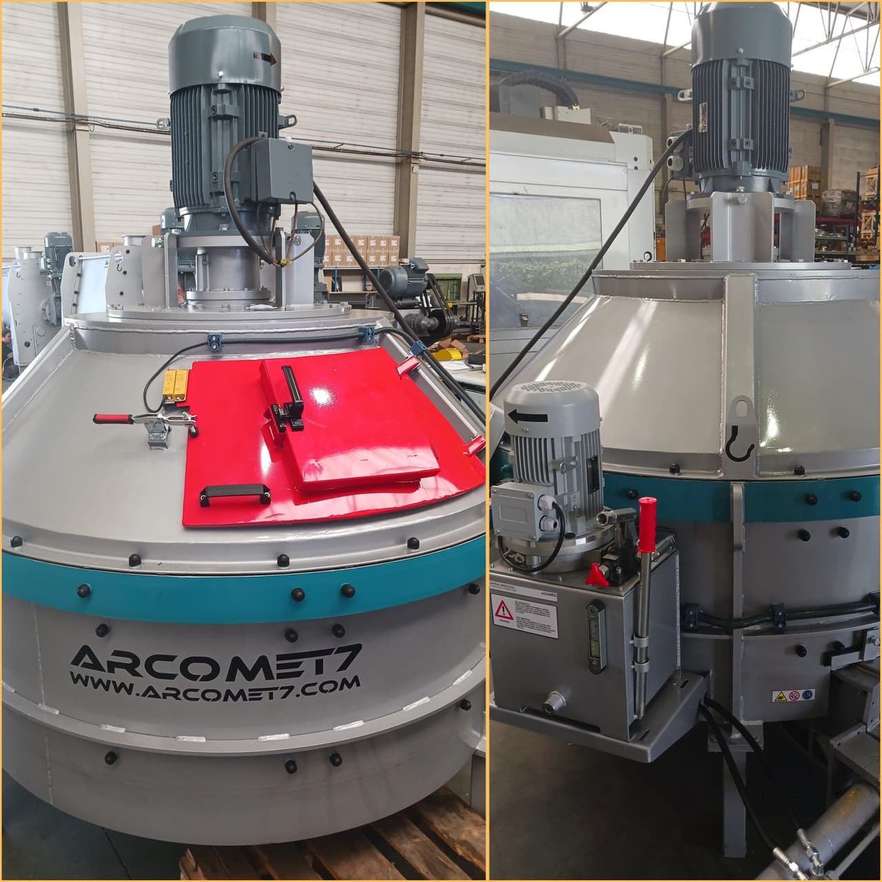 Industrial mixer with a red hatch cover, electric motor and hydraulic unit, shown in two views