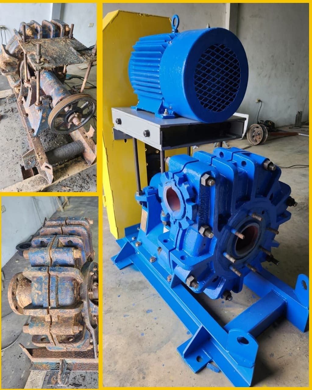 Worn drive components and a refurbished blue gear reducer fitted with an electric motor